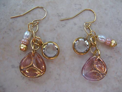 Pale Pink Czech Glass Cultured Pearl and Golden Mixed Metal Earrings on Gold Filled Earring Wires
