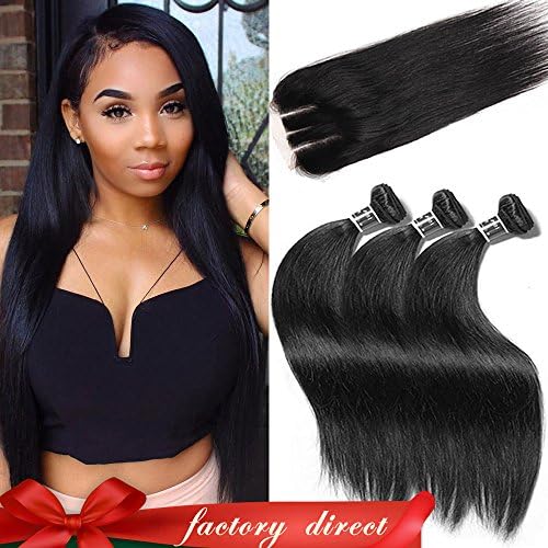 Indian Virgin Straight Hair Product 3 Bundles With Closure Three Part 100% Unprocessed 8A Human Hair Deals Nature Color Aliglossy Hair (18 20 22 with 18, three part closure)