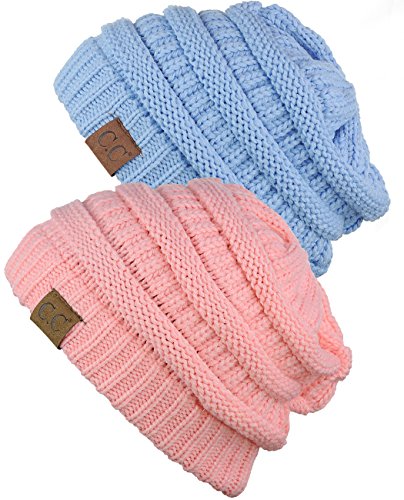 C.C Trendy Warm Chunky Soft Stretch Cable Knit Beanie Skully, 2 Pack Pale Pink/Pale Blue