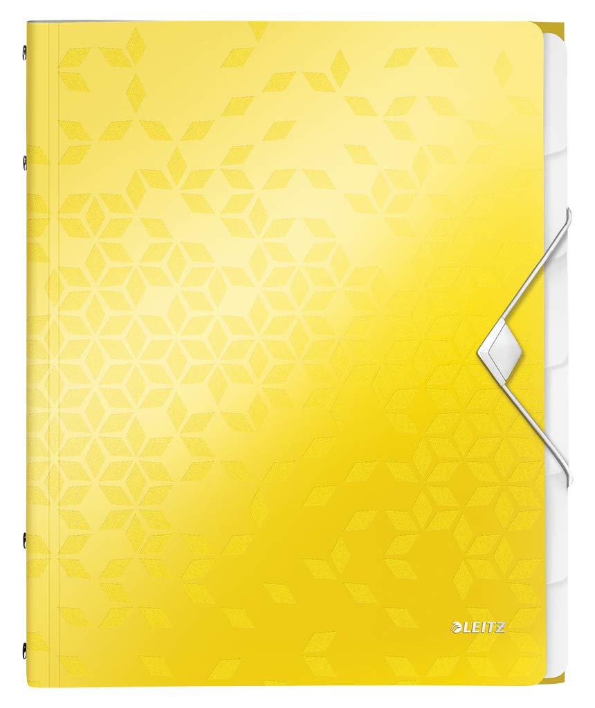 Leitz A4 Divider Book, Holds Up to 200 Sheets, Integrated Index with 6 Compartments, Elastic Closure, Yellow, WOW Range, 46330016