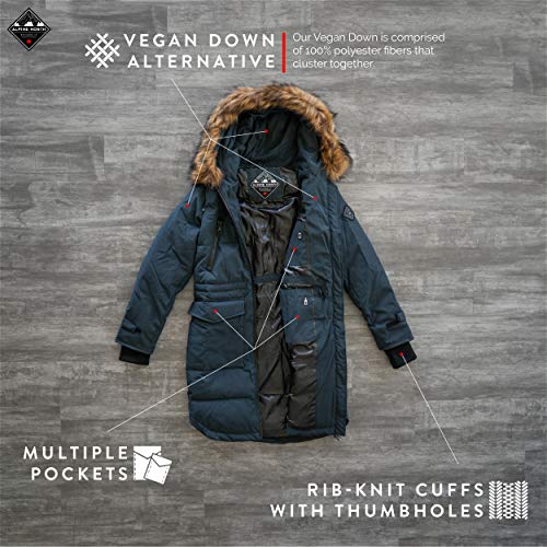 Alpine North Womens Vegan Down Drawstring Winter Parka, Navy, M