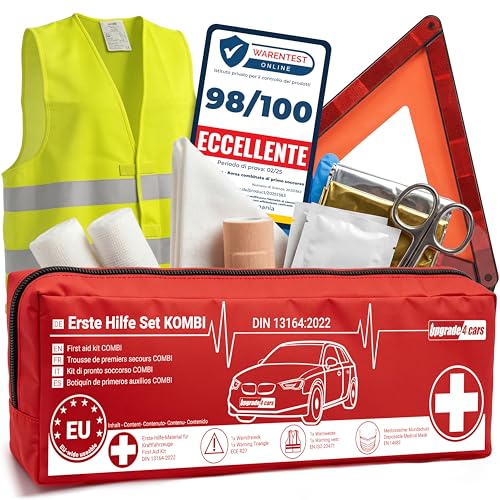 Upgrade4cars Car First Aid Kit 2026 with Emergency Triangle and Jacket according to Current Standard DIN 13164 Valid in All Europe Combination Bag Car Emergency Accessories