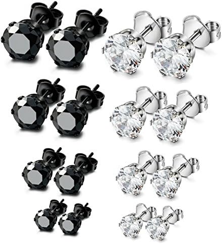 ORAZIO 8 Pairs Stainless Steel Mens Womens Stud Earrings Pierced Cubic Zirconia Earrings, 3mm-10mm Available