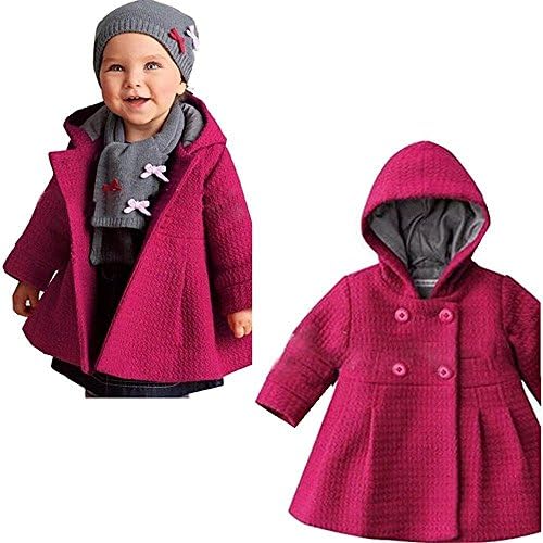 Baby Girls Hooded Warm Wool Cotton Jacket Trench Coat Outwear (100/18-24Months, Rose Red)