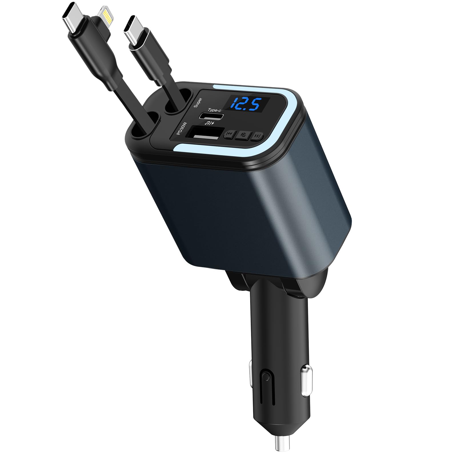 Photo 1 of 5-in-1 120W 30-Minutes Fast Flash Charging Retractable Car Charger, Wireless Bluetooth FM Transmitter, Type-C+USB-A Car Charger Adapter, Compatible with iPhone 17/16/15/14/13 Pro Max & Android Devices