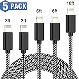 5 Pack [3/3/6/6/10FT] MFi Certified iPhone Charger Lightning Cable Extra Long Nylon Braided USB Charging & Syncing Cord Compatible iPhone Xs/Max/XR/X/8/8Plus/7/7Plus/6S Plus/SE/iPad/Nan More