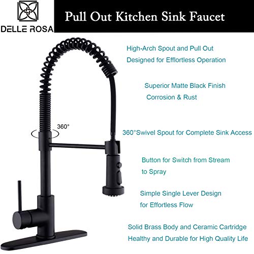 Kitchen Faucet,Delle Rosa Lead Free Brass Kitchen Faucet,Black Kitchen Faucet with Pull Down Sprayer, 360 Swivel Spring Kitchen Faucet,Pre-rinse Pull Out Kitchen Sink Faucet with Deck Plate