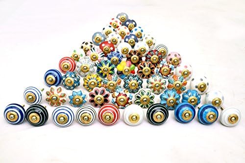 InderArt Set of 24 Blue and white gold brass fitting hand painted Mixed ceramic knobs cabinet drawer handles pulls