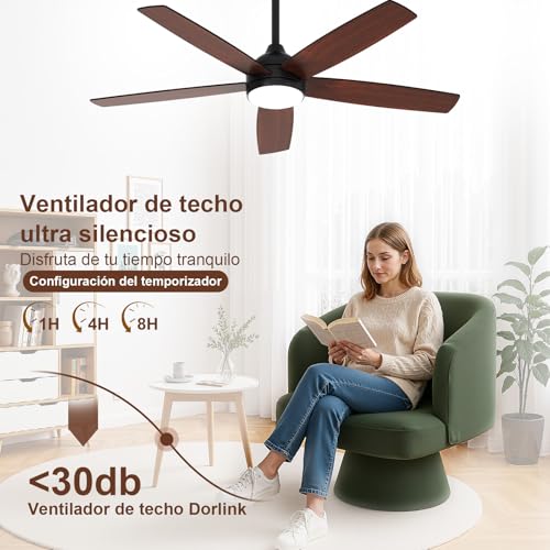 Dorlink Ceiling Fan Lamp with Control, Ø132 cm, 6 Speeds, Timer, 34 W DC Motor, Summer-Winter Function, Quiet, Fan Lamp for Indoor Bedroom, Walnut/Black