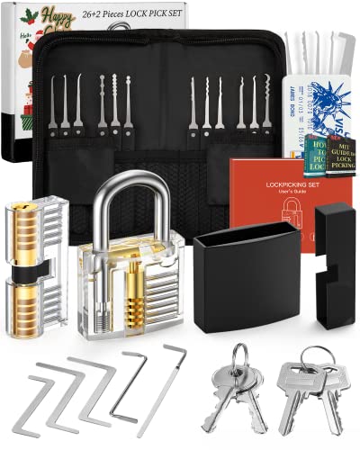 FAHEFANA 26 Piece Pick Set, [2023 New Challenge & Gift for Beginners] Locksmith Tools with 2 Transparent Locks for Practices, Beginners and Locksmiths Guide