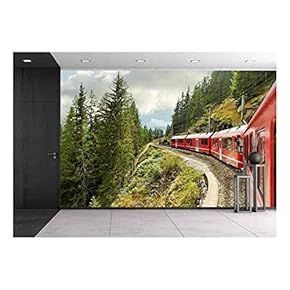 Red Train from Tirano to The Switzerland - Removable Wall Mural | Self-Adhesive Large Wallpaper - 66x96 inches