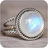 9MM Vintage Round Moonstone 925 Sterling Silver Ring for Women Statement Band Finger Minimalist Vintage Handmade Victorian Style Solitaire Casual Promise Ring（6#）