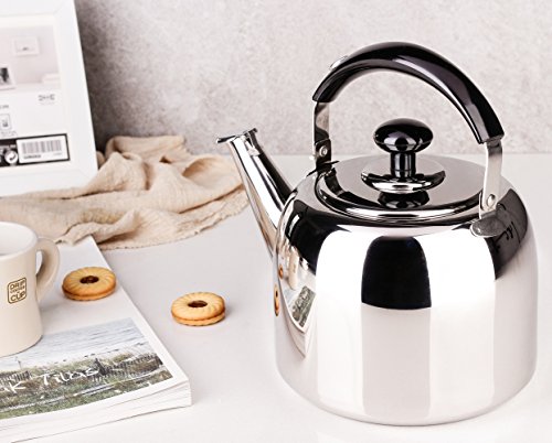 Tea Kettle Whistle for Stovetop 18/10 Stainless Steel Mirror Finish Surface, Bakelite Handle Fast Boiling GSH 3 Quart