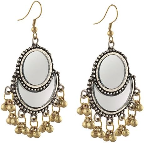 Oreleaa Fashion German Silver Afghani Dangler Hook Earrings Mirrors For Girls and Women