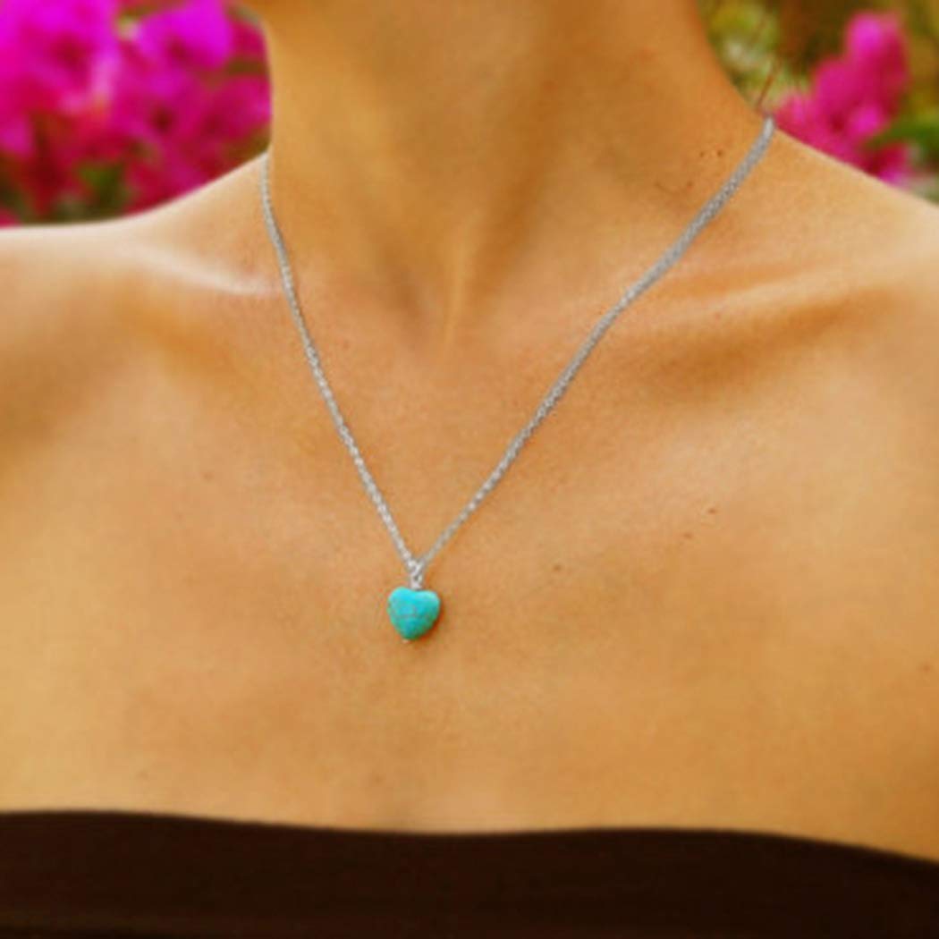 TseenYi Boho Turquoise Pendant Necklace Silver Tiny Heart Love Chain Necklaces Turquoise Long Drop Necklace Chain Jewelry for Women and Girls (Silver)