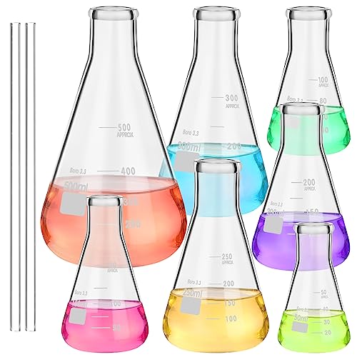 9 Pack Glass Erlenmeyer Flask Set With Glass Stirring Rod, 7 Sizes