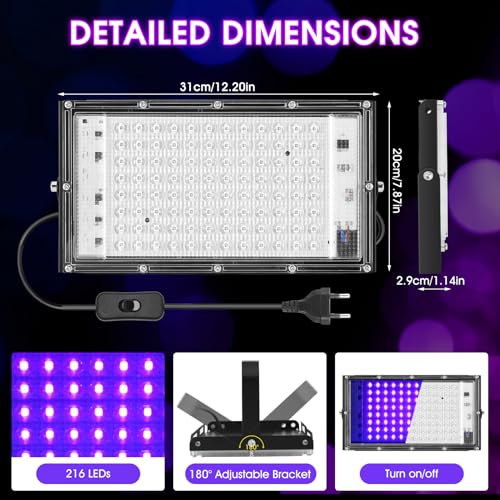 Gugxiom 2 Pack 100W Luz Negra LED, Foco Luz Negra 395-400nm IP66 Impermeable, Para Póster Fluorescente, Fiesta Neon, Halloween, Acuario