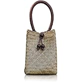 QTKJ Hand-woven Mini Retro Straw Handbag Bag Summer Beach Boho Rattan Tote Travel Bag with Wood Beaded Tassel Pendant (Beige)