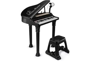 BAOLI Kids Piano Keyboard Toys 31 Keys,Grand Piano for Beginners,3 4 5 6 Years Old Toddler Girl Boy Gift,Educational Musical Instrument,w/Microphone,Stool,Piano Lid,Lights,Note Stickers,Enamel Finish- Black