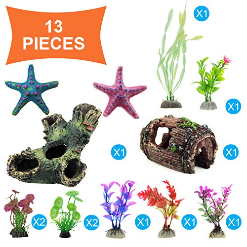 Aquarium Fish Tank Decorations Decor Set Wood Cave Hideouts Fish House Artificial Lifelike Plastic Plants Tree Trunk Barrel Starfish Resin Hide Habitat Ornament 13 Pack