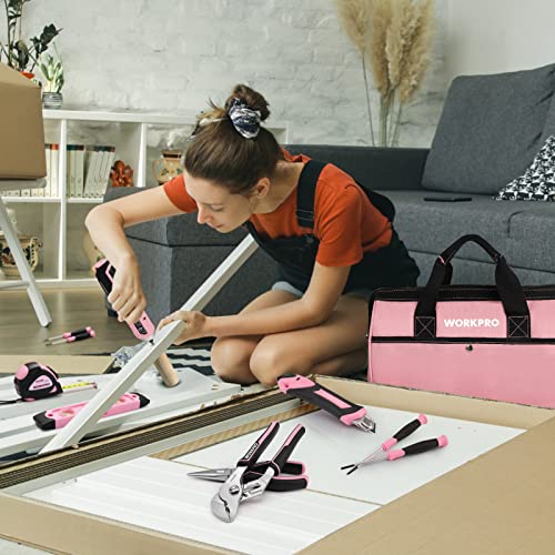 WORKPRO 55-Piece Pink Tools Set, 3.7V Rotatable Cordless Screwdriver and Household Tool Kit, Basic Tool Set with 13\'\' Portable Tool Bag/Storage for Home, Garage, Apartment, Dorm, New House