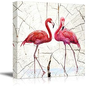 Square Canvas Wall Art - Two Pink Flamingos in Wateron Vintage Wood Effect Background - Giclee Print Gallery Wrap Modern Home Art Ready to Hang - 12x12 inches