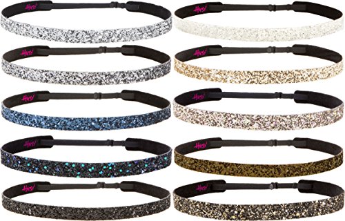 Hipsy Women's Bling Glitter Adjustable No Slip Headband Bulk Gift 10pk (Skinny Neutral 10pk)