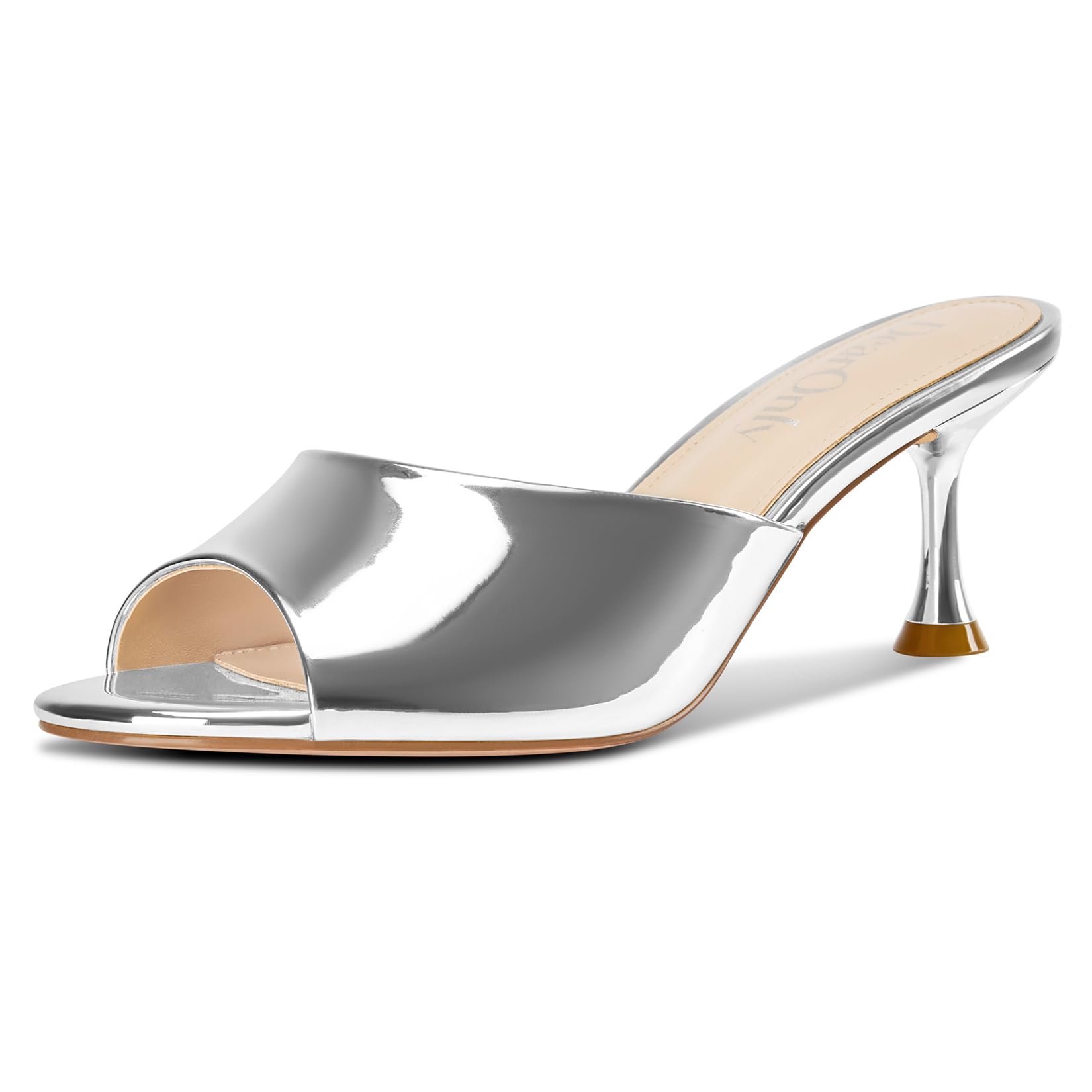 Photo 1 of DearOnly Womens Open Toe Low Kitten Heel Sandals Slip-on Stiletto Mules Patent Leather Prom Dress Shoes 2.6 Inches Heels Silver 8 M US