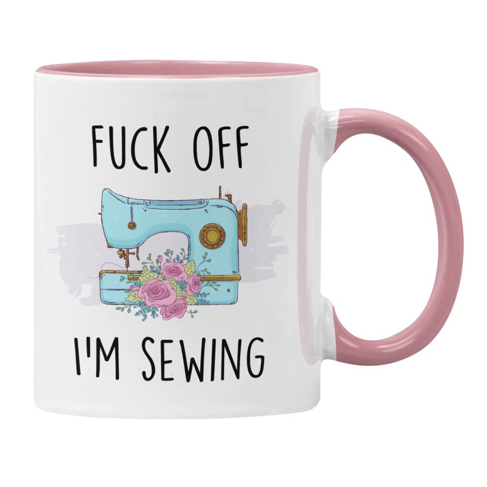 F**k Off I'm Sewing Mug Gift for Her, Funny Profanity Cup (Pink)