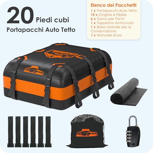 Rymopuey 20Cu.Ft/566L Car Roof Box, Waterproof 1000D Orange, Car Roof Box with Non-Slip Mat and 10 Straps, Car Roof Box for Cars with/without Luggage Rack