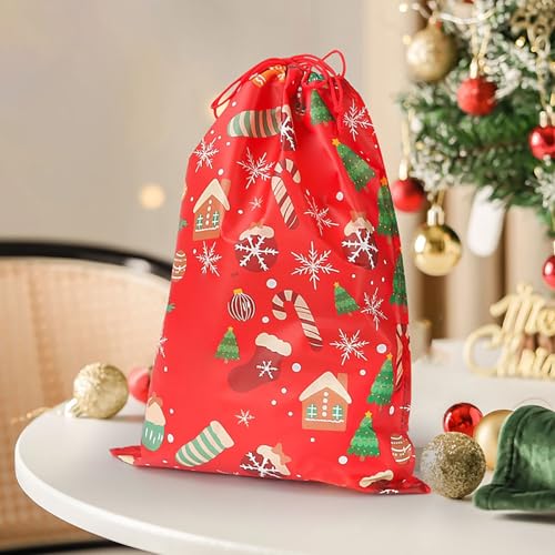 Christmas Party Gift with Ropes, Bronzing Christmas Drawstring Bag with Santa, Snowman, Elk, Stocking Patterns - Festive Gift Storage & Decoration Bag, Reusable Xmas Present Sack (Red)