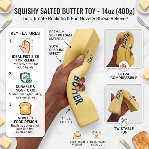 Salted Butter Squishy Stress Relief Toy – Slow Rising Squeeze Fidget Toy for Kids & Adults, Hand Exercise & Finger Activity Toy, Anxiety Relief Sensory Toy, Office Desk Accessory