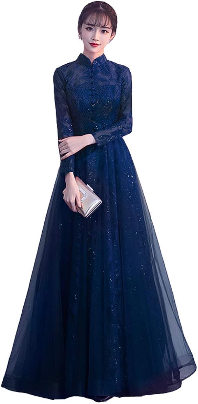 Amazon ロング ドレス 演奏会 袖付き パーティーレディース 結婚式 母親大人 ピアノ 発表会 ワンピース パーティーハイネック 袖あり 総レース ピアノ発表会大人 演奏会用ドレス 結婚式 母親 ドレス 披露宴 ネイビー パーティードレス 通販