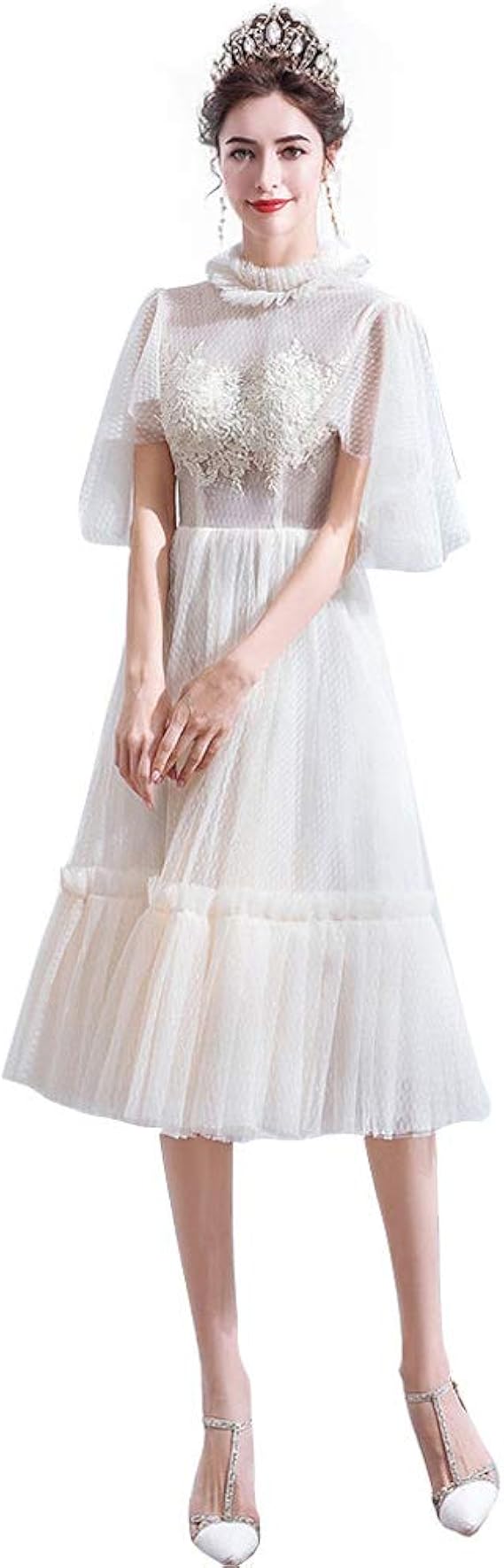 Amazon Hanamaya ミモレ丈 レース パーティードレス 刺繍花 可愛い ヨーロッパ風 二次会 演奏服 演奏会 発表会 花嫁 編み上げ ホワイト レディース 白 ワンピース ウエディングドレス ドレス イブニングドレス 通販