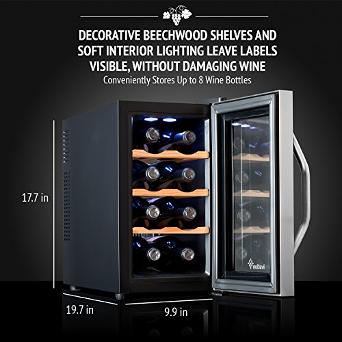 Ivation 8 Bottle Thermoelectric Wine Cooler/Chiller - Stainless Steel - Counter Top Red & White Wine Cellar w/Digital Temperature, Freestanding Refrigerator Smoked Glass Door Quiet Operation Fridge - Thumbnail 4