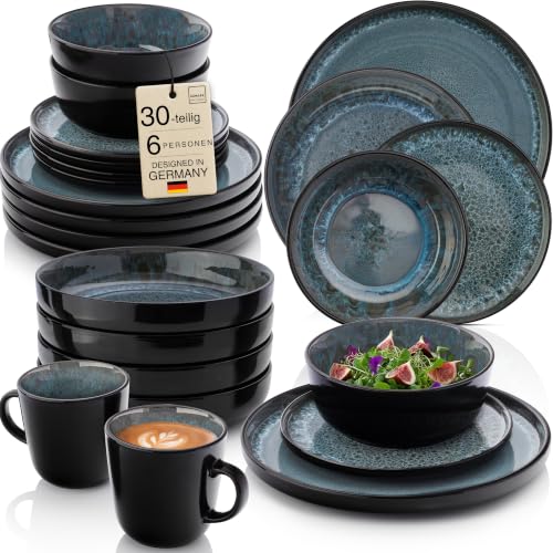 SÄNGER Manila Steingut Geschirrset 6 Personen, Teller Set 30-tlg Blau