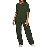 HBQ Women's 2 Piece Outfits Loose Fit Tops Wide Leg Pants Short Sleeve Lounge Matching Sets Sweatsuits