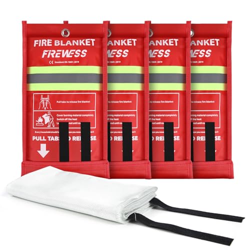 FIREWESS Set of 4 Fire Blankets, 100 x 100 cm Fireproof Blanket for Home Security, Fireproof Protection and Thermal Insulation Fiberglass