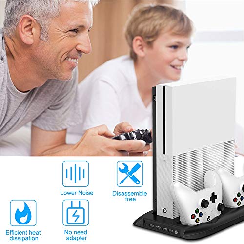 TPFOON Xbox One S Vertical Stand Cooling Fan with Dual Controller Charging Station and 4-Port USB Hub for Xbox One Slim Console, 8 Thumb Grips Included - Thumbnail 4