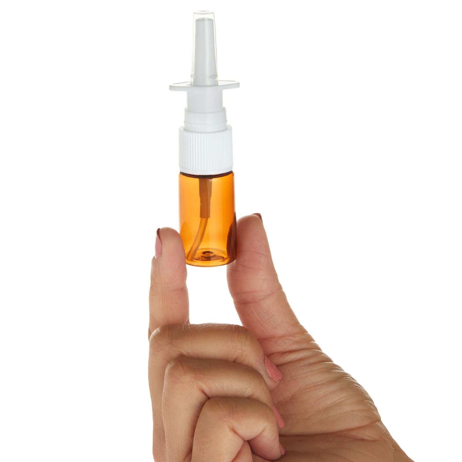 Bright Creations Bulk Nose Spray Bottles - 0.35 fl oz (10 ml) Amber Refillable Plastic Nasal Sprayers - 24-Pack - Fine Mist Caps for Travel & Cosmetic Use