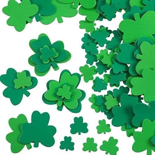 AUSDU 240 Pieces Green Shamrock Foam Wall Decoration for St. Patrick's Day, Self Adhesive Shamrock Stickers for Wall and Window Clings Decoration, Assorted Size, 3 Colors (240 Pcs)