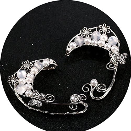 Handmade Ear Cuffs,Pearl Flower Filigree Fairy Cosplay Clip On Earrings Jewelry