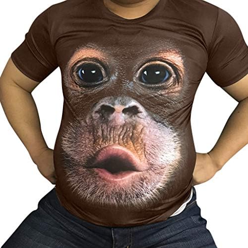 Funic Men Spring Summer 3D Monkey Print O-Neck Short Sleeve T Shirt Brown Tops Blouse