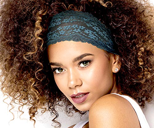 ShariRose Stunning Stretch Wide Floral Lace Head-Bands in Many Beautiful Colors Handmade (Teal Floral)