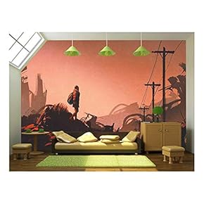 Woman Hiker Looking at Abandoned City,Illustration Painting - Removable Wall Mural | Self-Adhesive Large Wallpaper - 66x96 inches