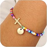Gnamy Cross Initial A-Z Bracelets for Girls Kids Women, Colorful Beaded Letter Disc Pendant Bracelet Easter Birthday Christian Religious Jewelry Gifts for Her