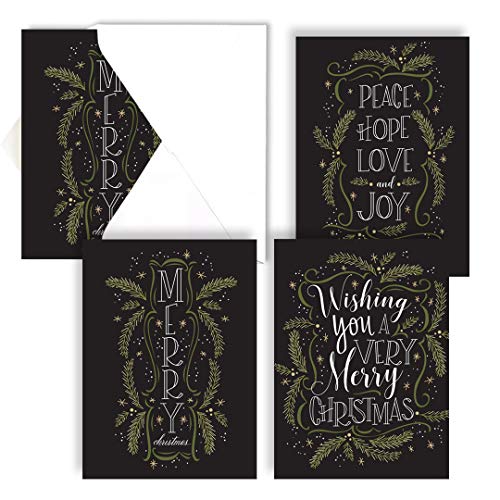 Christmas Pines Typography Christmas Holiday Card Assortment Pack – Set of 24 cards, 3 designs. 5” x 7” folded, verses inside. Made in the USA. Blank white envelopes.