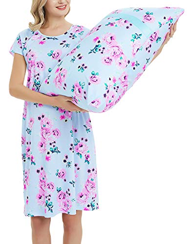 Maternity Labor Delivery Gown Hospital Nightgown Nursing Nightdress with Matching Pillowcase Blue Floral Dress L