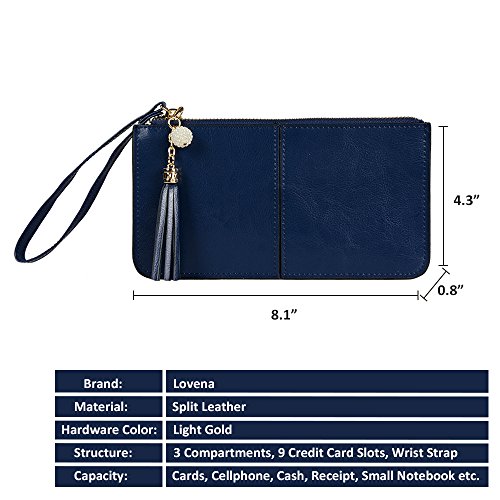 Lovena Soft Leather Wristlet Smartphone Zipper Wallet Tassel Wristlet - Fit iPhone X/iPhone 8/7Plus Samsung Note 8/5- Navy Blue