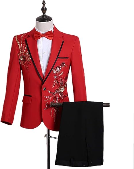 Amazon Cnstone メンズ タキシード メンズスーツ3点セット スパンコール 刺繍 ジャケット 蝶ネクタイ ズボン 黒 ブルー レッド ステージ ダンス 衣装 コスプレ 仮装 余興 パーティー ライブ コンサート 派手 目立つ S レッド コスプレ 仮装 通販